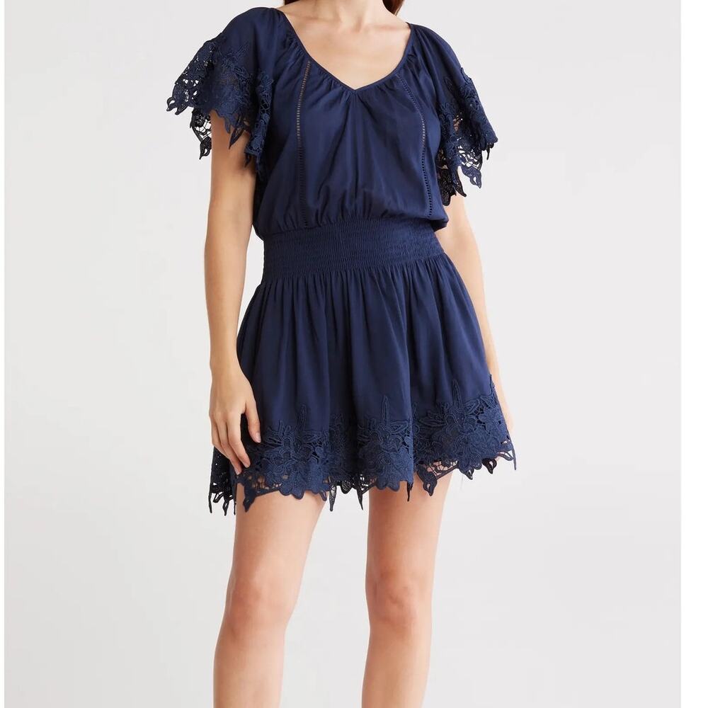 Ramy Brook Blue Off Shoulder Crochet Lace Boho Mini Dress XS Flowy Resort